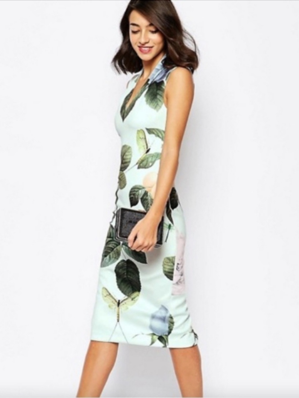 Ted Baker Ravina Mint Floral Midi Dress, Green Leaf Print, US Size 6, Ted Size 2